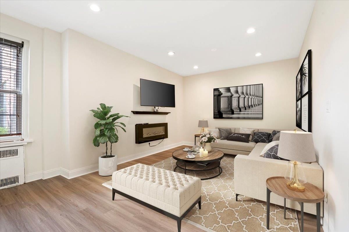 Fireplace, Interior, Living room, Recessed Lighting, Wood Texture Flooring