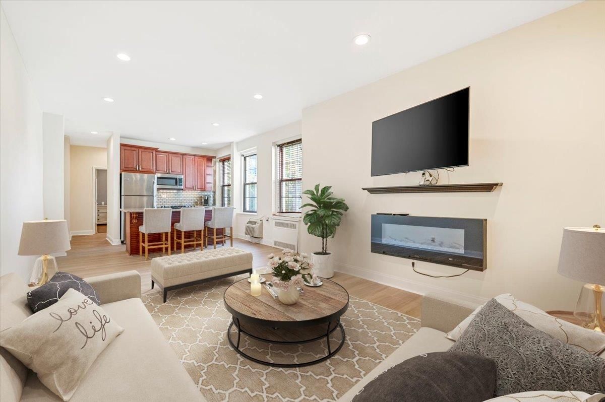 Dining room, Interior, Kitchen, Living room, Recessed Lighting, Stainless Steel Appliances, Wood Texture Flooring