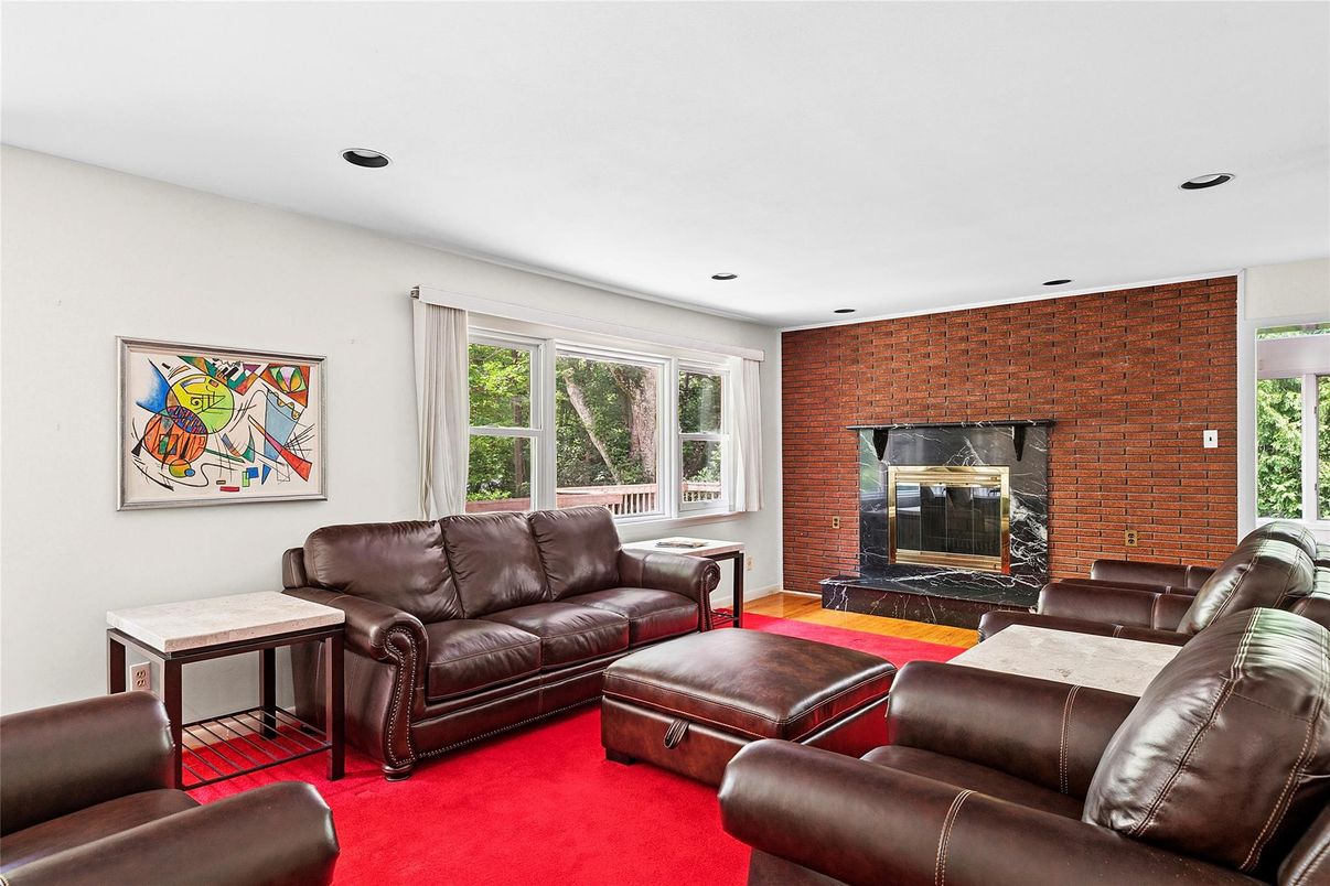 Fireplace, Interior, Living room, Recessed Lighting, Stone Walls
