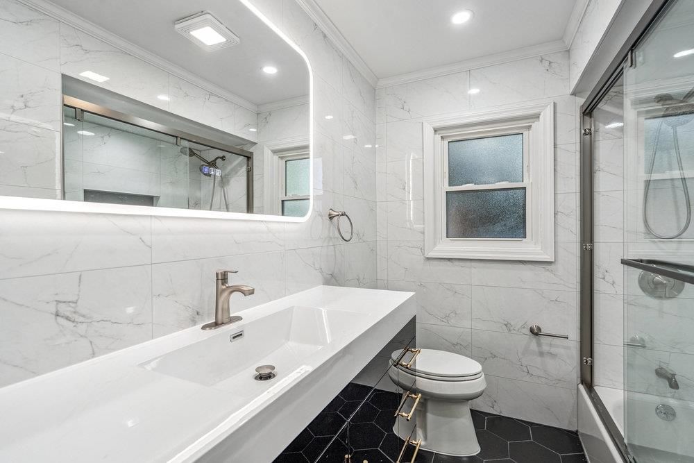 Bathroom, Glass Shower, Interior, Marble Walls, Recessed Lighting