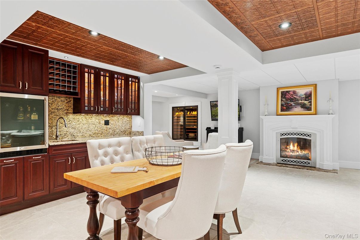 Dining room, Fireplace, Interior, Recessed Lighting
