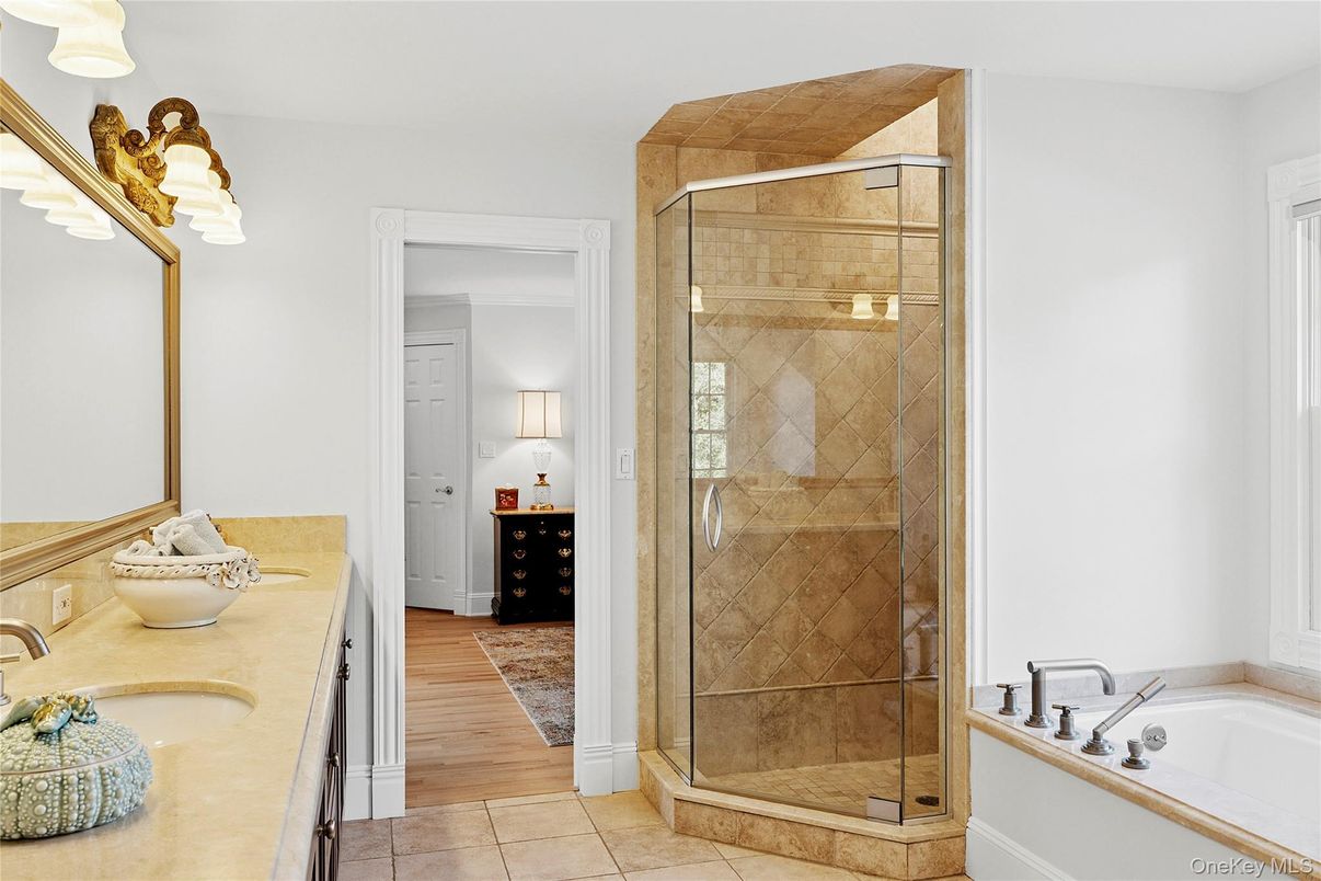 Bathroom, Dual Sink Vanities, Glass Shower, Interior, Wood Texture Flooring