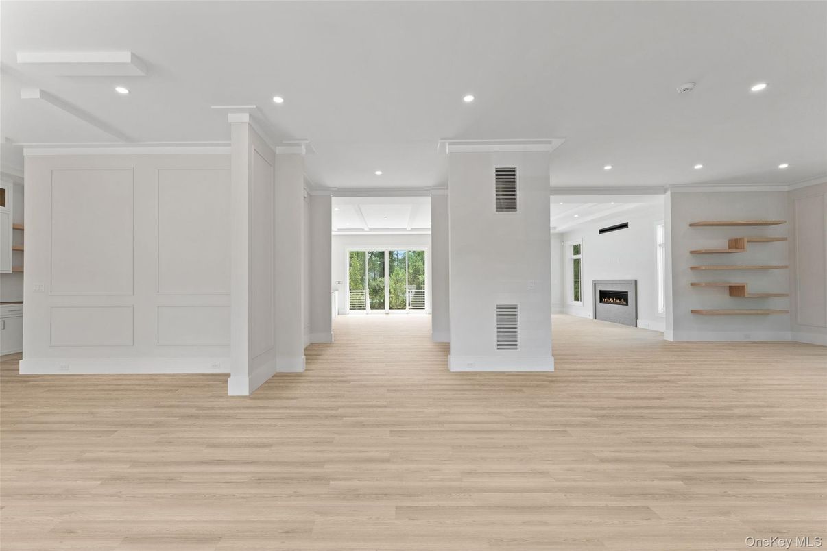 Empty room, Fireplace, Interior, Recessed Lighting, Wood Texture Flooring