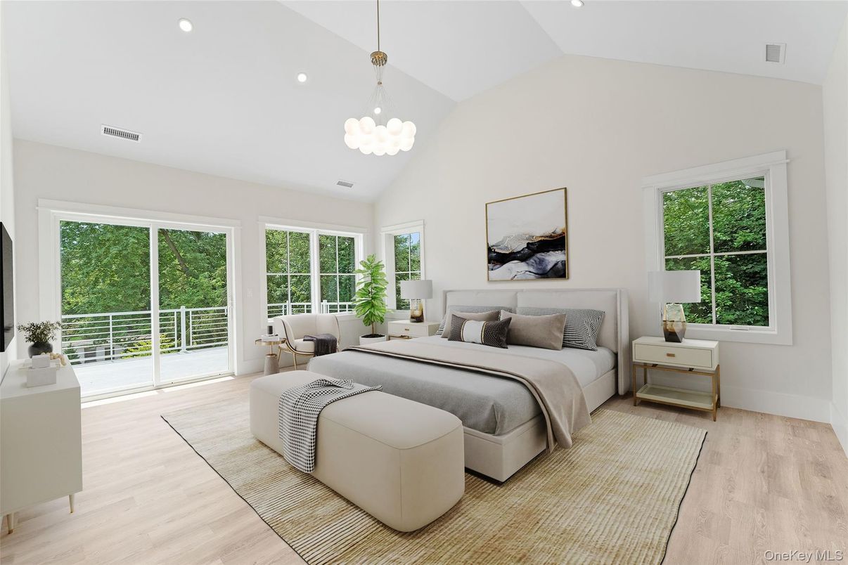 Bedroom, Chandelier, Interior, Pendant Lights, Recessed Lighting, Wood Texture Flooring