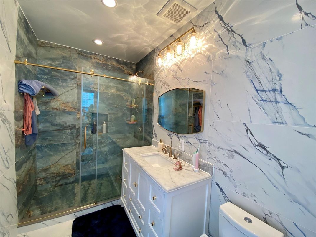Bathroom, Glass Shower, Interior, Marble Walls, Recessed Lighting