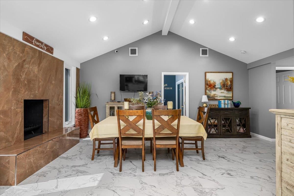 Dining room, Fireplace, Interior, Marble, Recessed Lighting