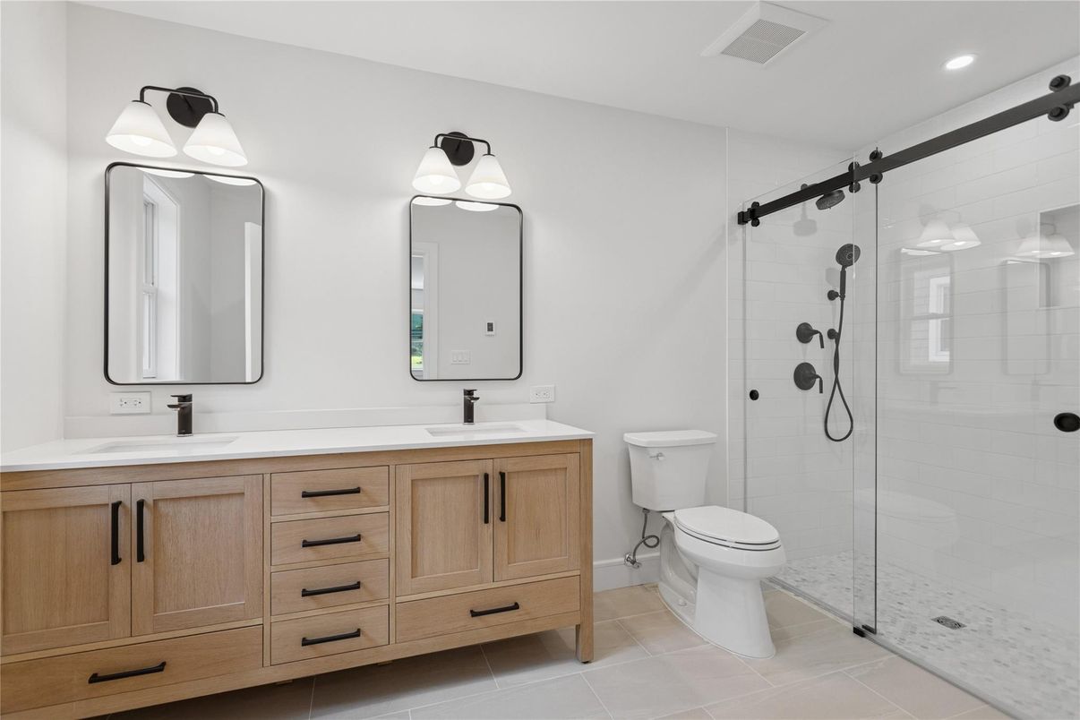 Bathroom, Dual Sink Vanities, Glass Shower, Interior, Recessed Lighting