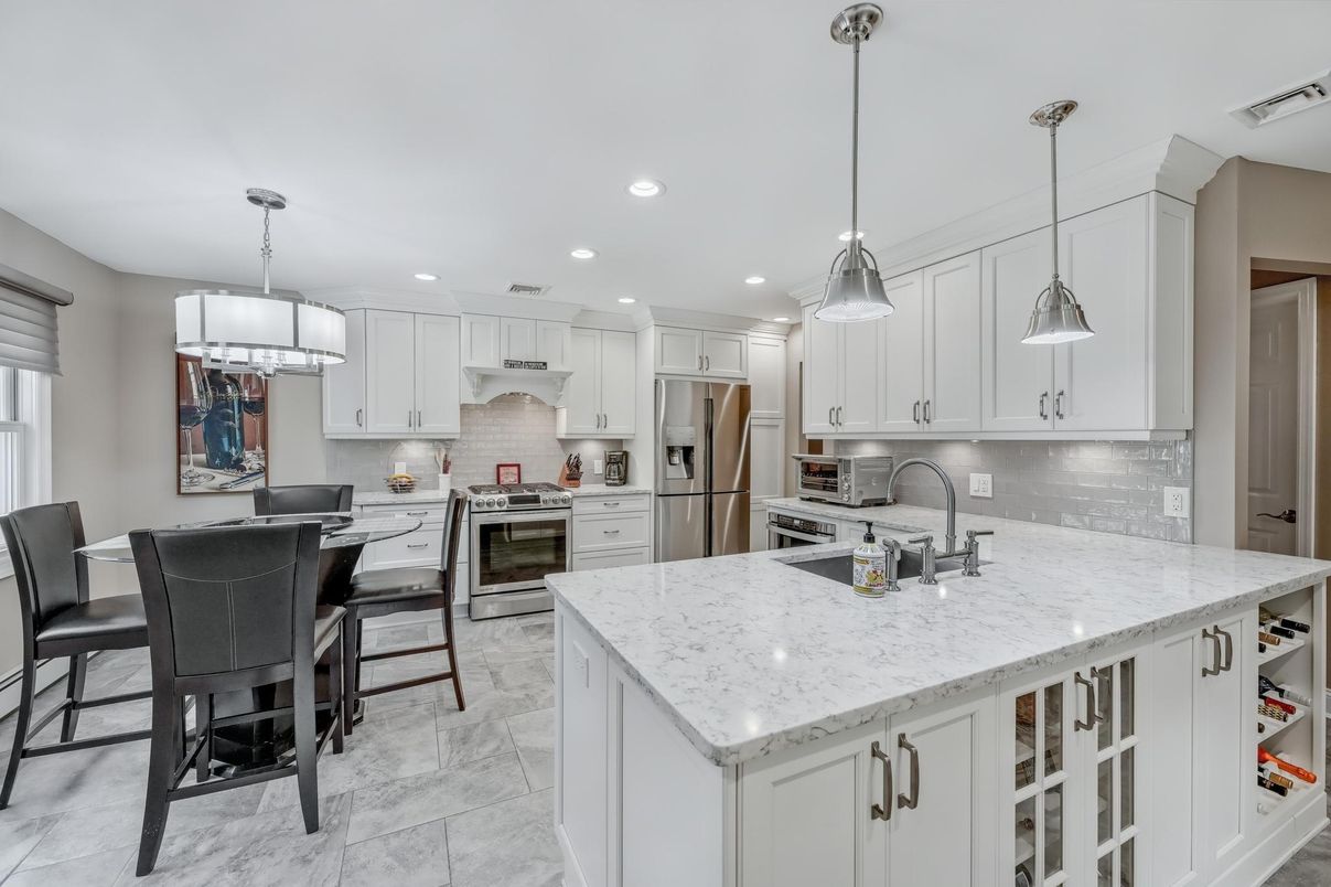 Interior, Kitchen, Marble, Pendant Lights, Recessed Lighting, Stainless Steel Appliances