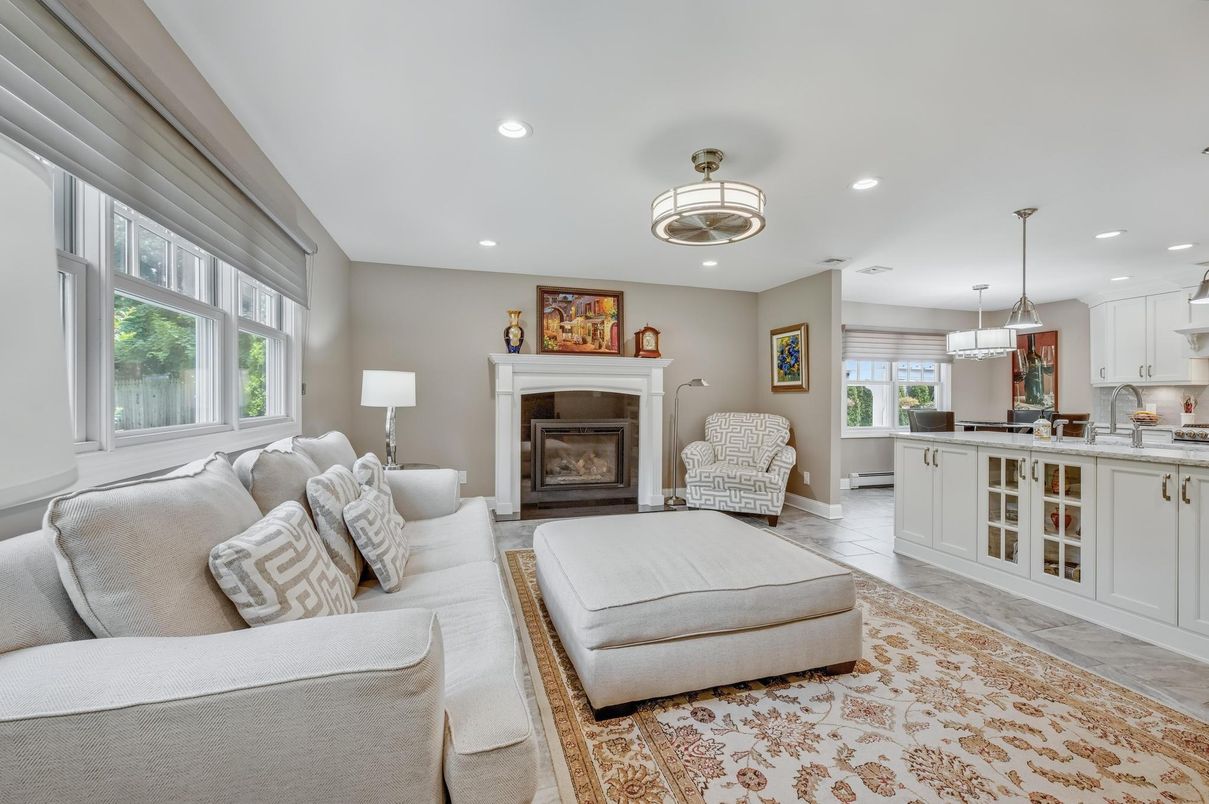 Fireplace, Interior, Kitchen, Living room, Pendant Lights, Recessed Lighting