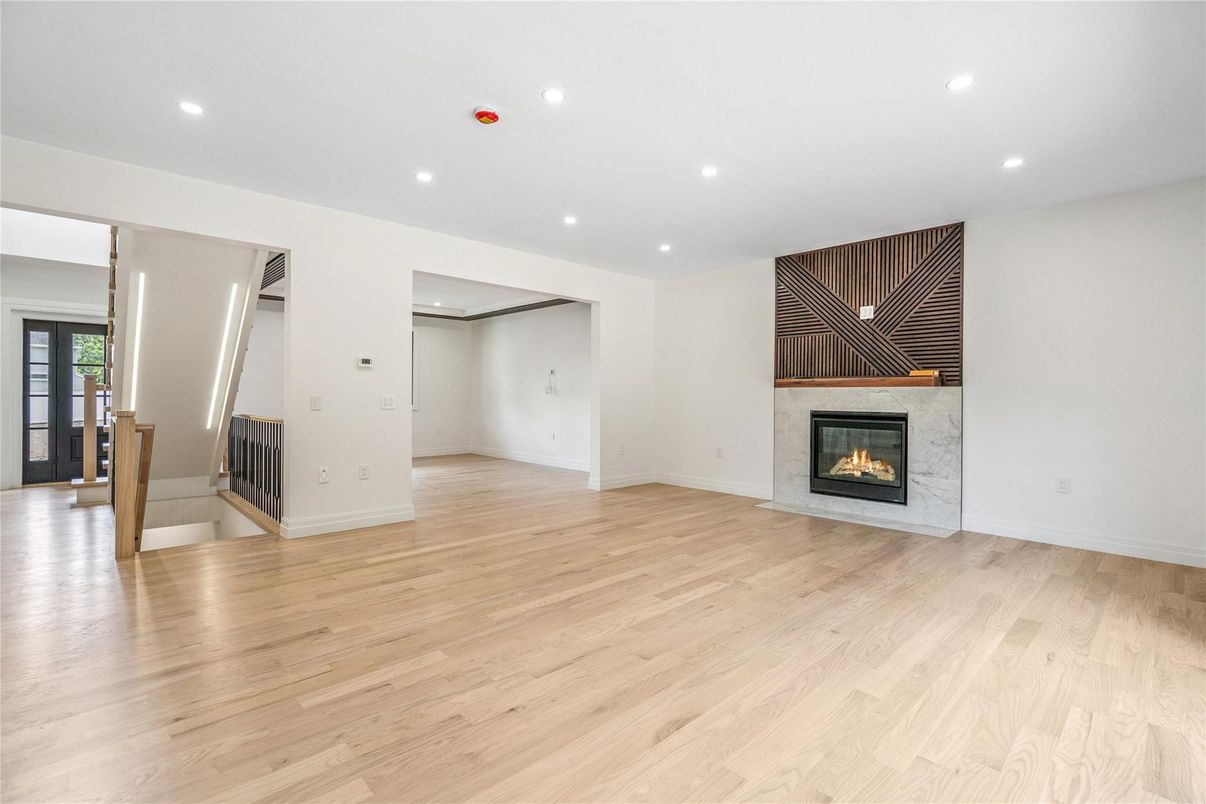 Empty room, Fireplace, Interior, Recessed Lighting, Wood Texture Flooring