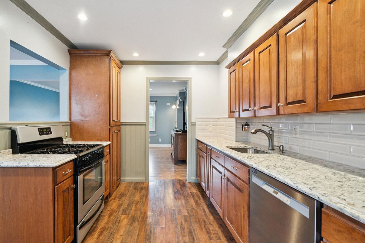 Interior, Kitchen, Recessed Lighting, Stainless Steel Appliances, Wood Texture Flooring