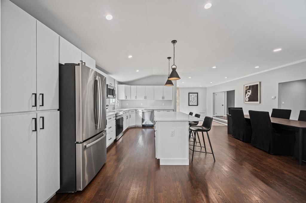 Interior, Kitchen, Pendant Lights, Recessed Lighting, Stainless Steel Appliances, Wood Texture Flooring