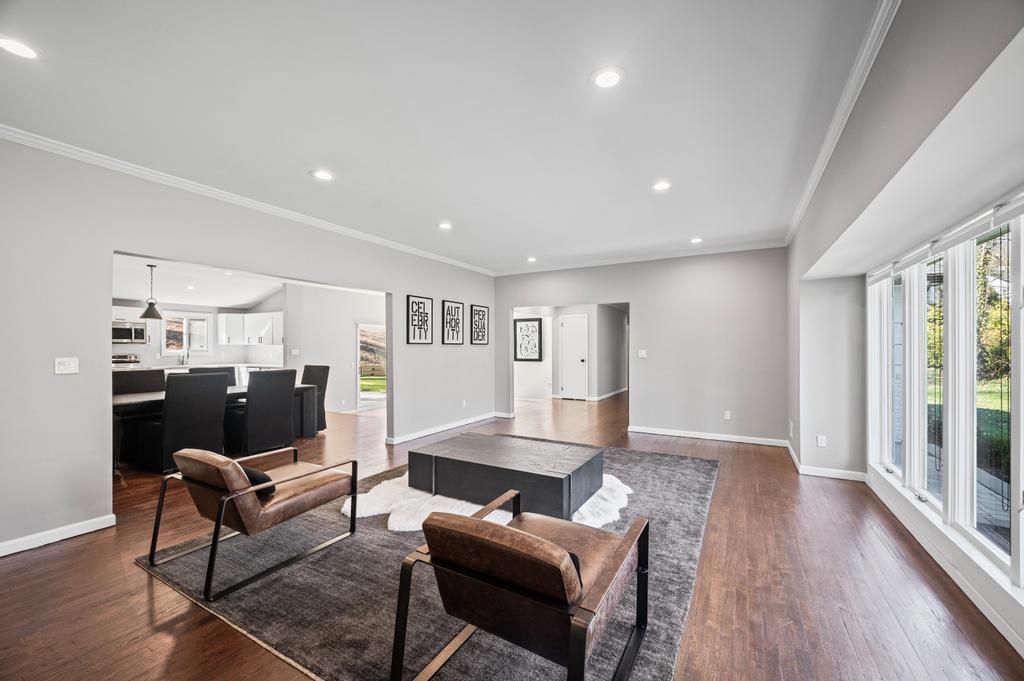 Dining room, Interior, Kitchen, Living room, Recessed Lighting, Wood Texture Flooring