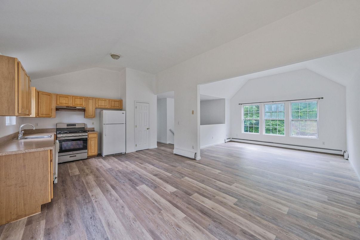 Empty room, Interior, Kitchen, Stainless Steel Appliances, Wood Texture Flooring