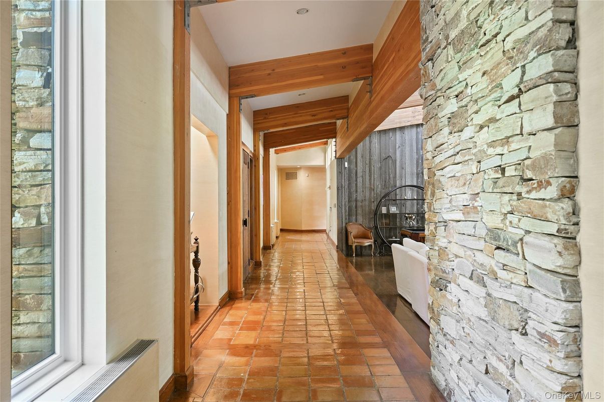 Interior, Recessed Lighting, Stone Walls, Wooden Beams