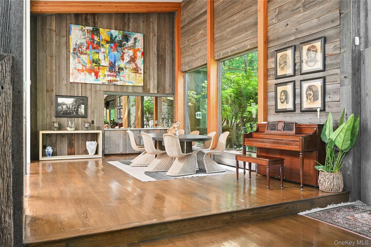 Dining room, Interior, Piano, Wood Texture Flooring, Wooden Walls