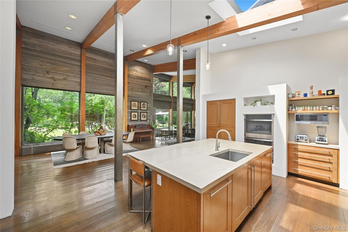Interior, Kitchen, Pendant Lights, Recessed Lighting, Stainless Steel Appliances, Wooden Beams, Wood Texture Flooring, Wooden Walls