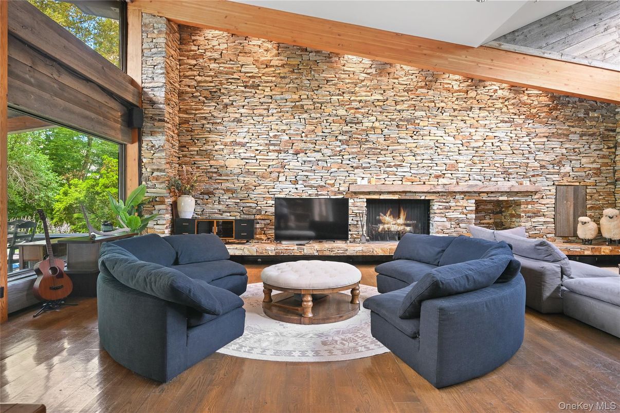 Fireplace, Interior, Living room, Stone Walls, Wood Texture Flooring