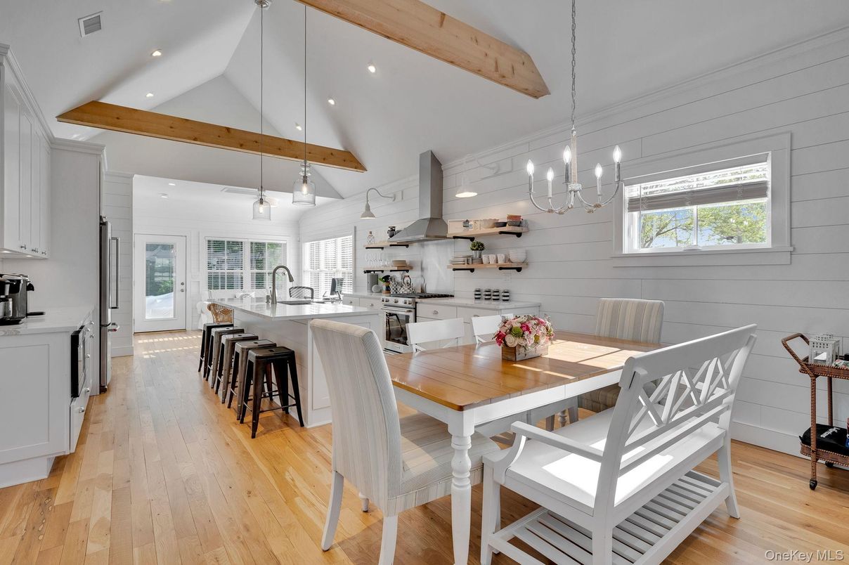 Dining room, Interior, Kitchen, Pendant Lights, Recessed Lighting, Stainless Steel Appliances, Wooden Beams, Wood Texture Flooring
