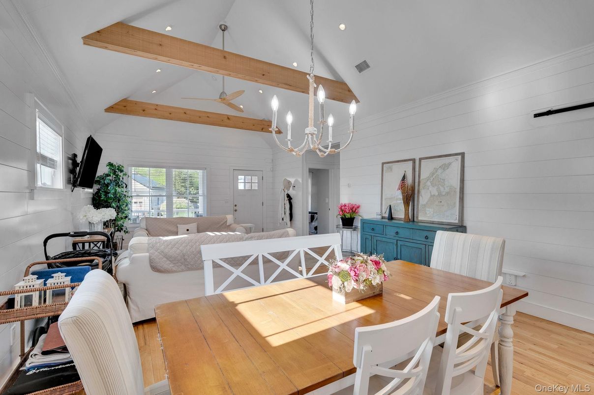 Chandelier, Dining room, Interior, Living room, Recessed Lighting, Wooden Beams, Wood Texture Flooring