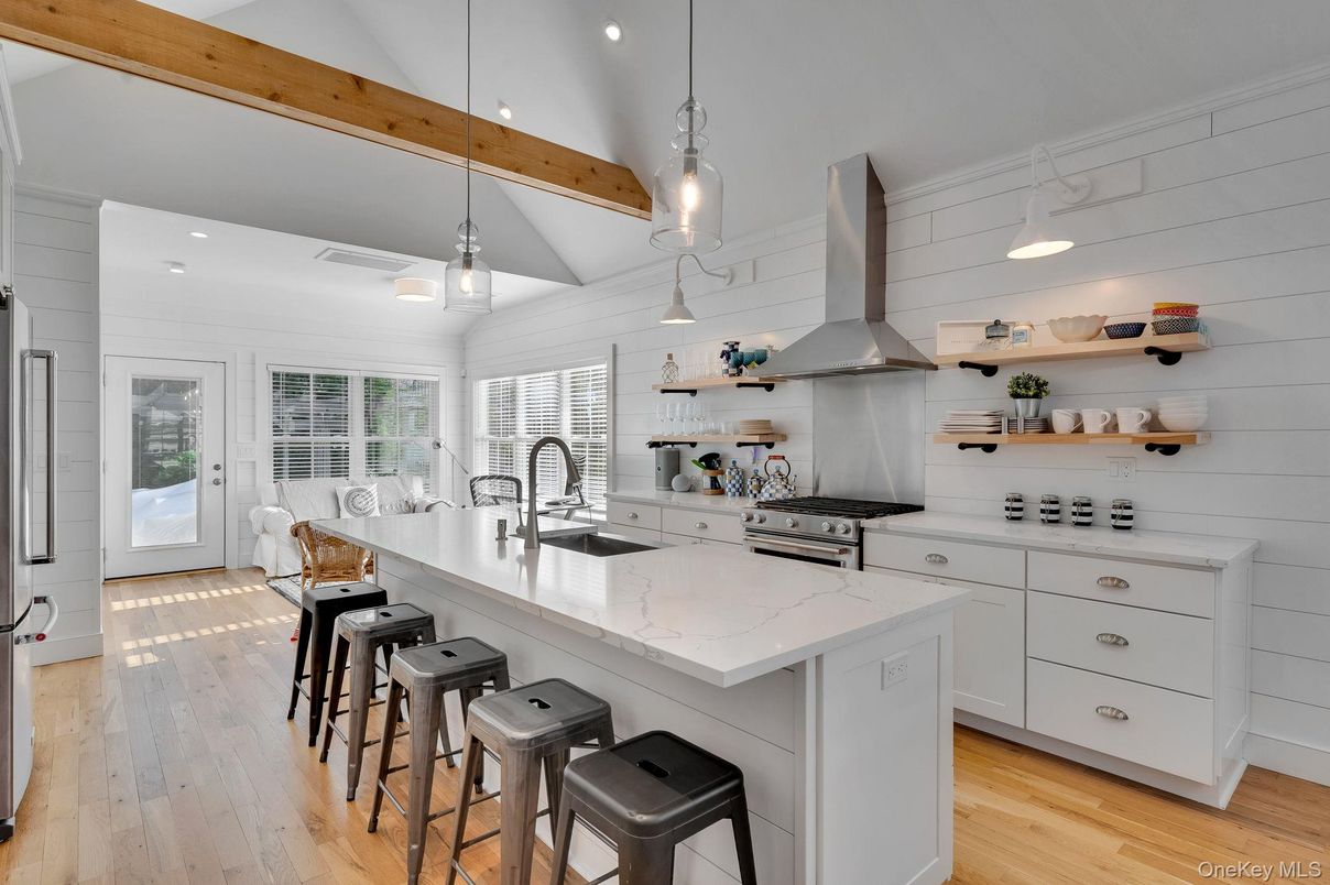 Interior, Kitchen, Pendant Lights, Recessed Lighting, Stainless Steel Appliances, Wooden Beams, Wood Texture Flooring