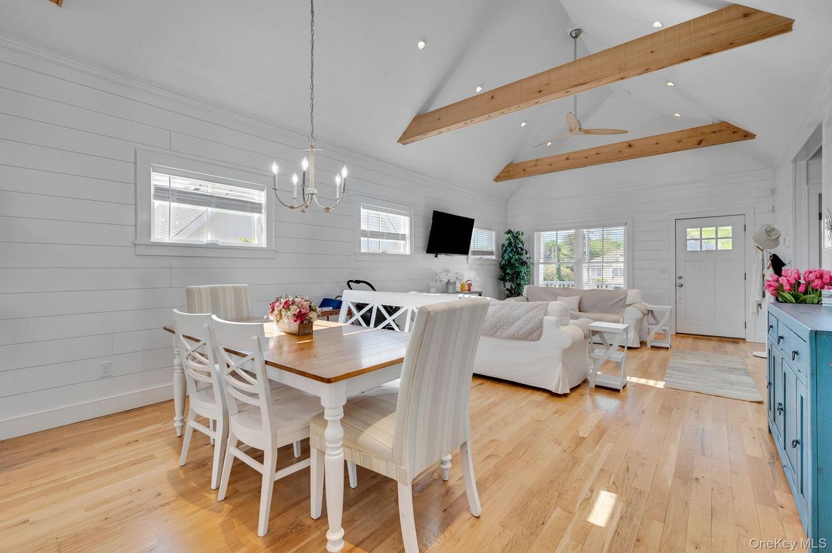 Chandelier, Dining room, Interior, Living room, Pendant Lights, Recessed Lighting, Wooden Beams, Wood Texture Flooring