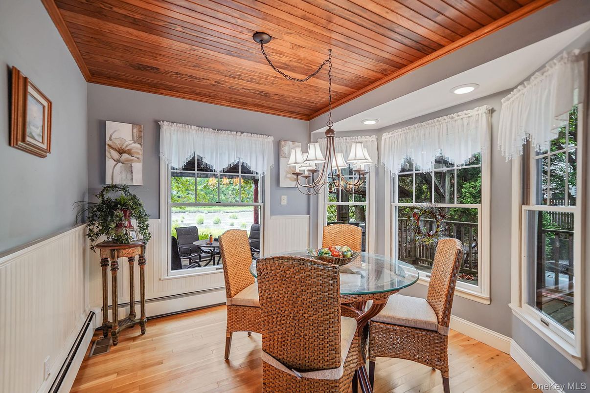 Chandelier, Dining room, Interior, Recessed Lighting, Wooden Ceilings, Wood Texture Flooring