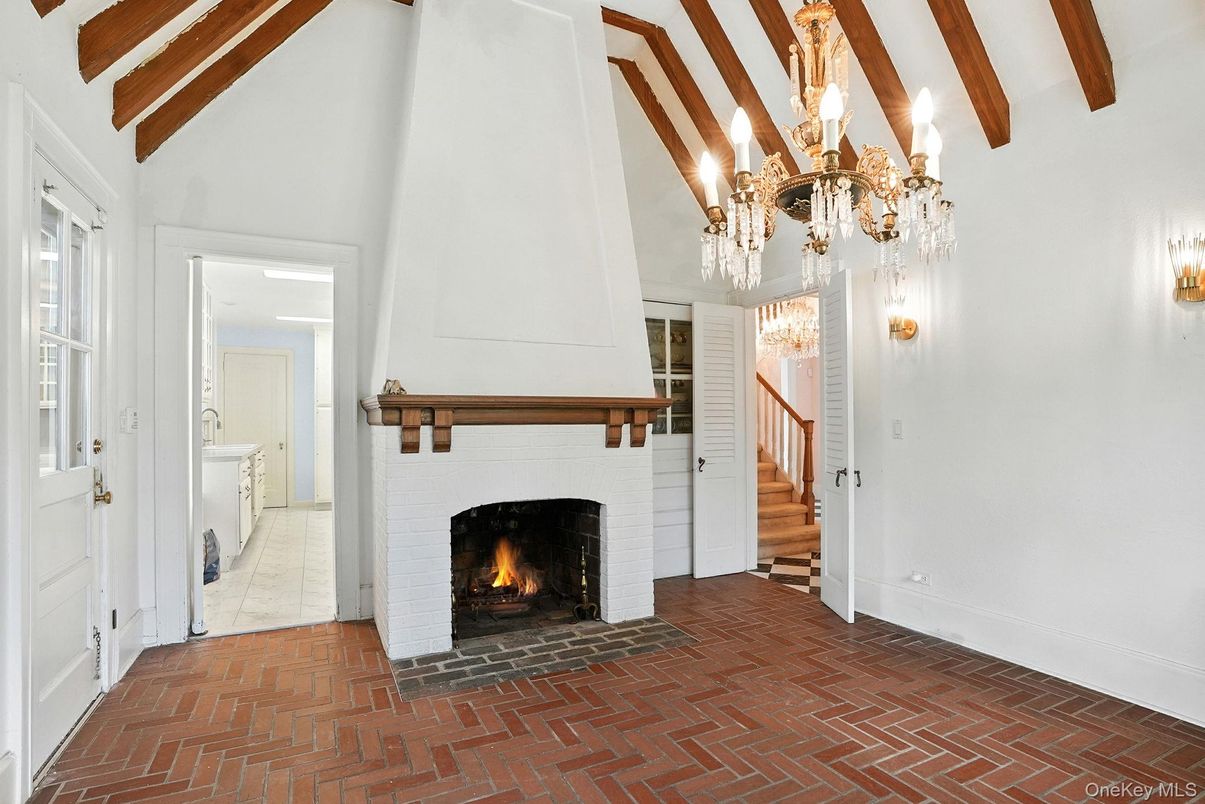 Chandelier, Fireplace, Interior, Wooden Beams