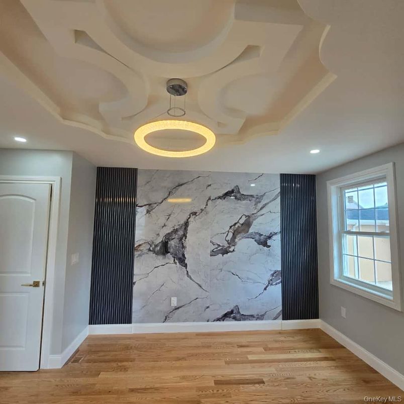Interior, Marble Walls, Pendant Lights, Recessed Lighting, Wood Texture Flooring