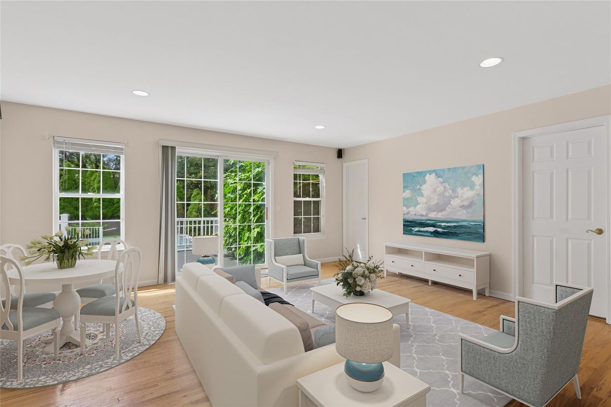 Dining room, Interior, Living room, Recessed Lighting, Wood Texture Flooring