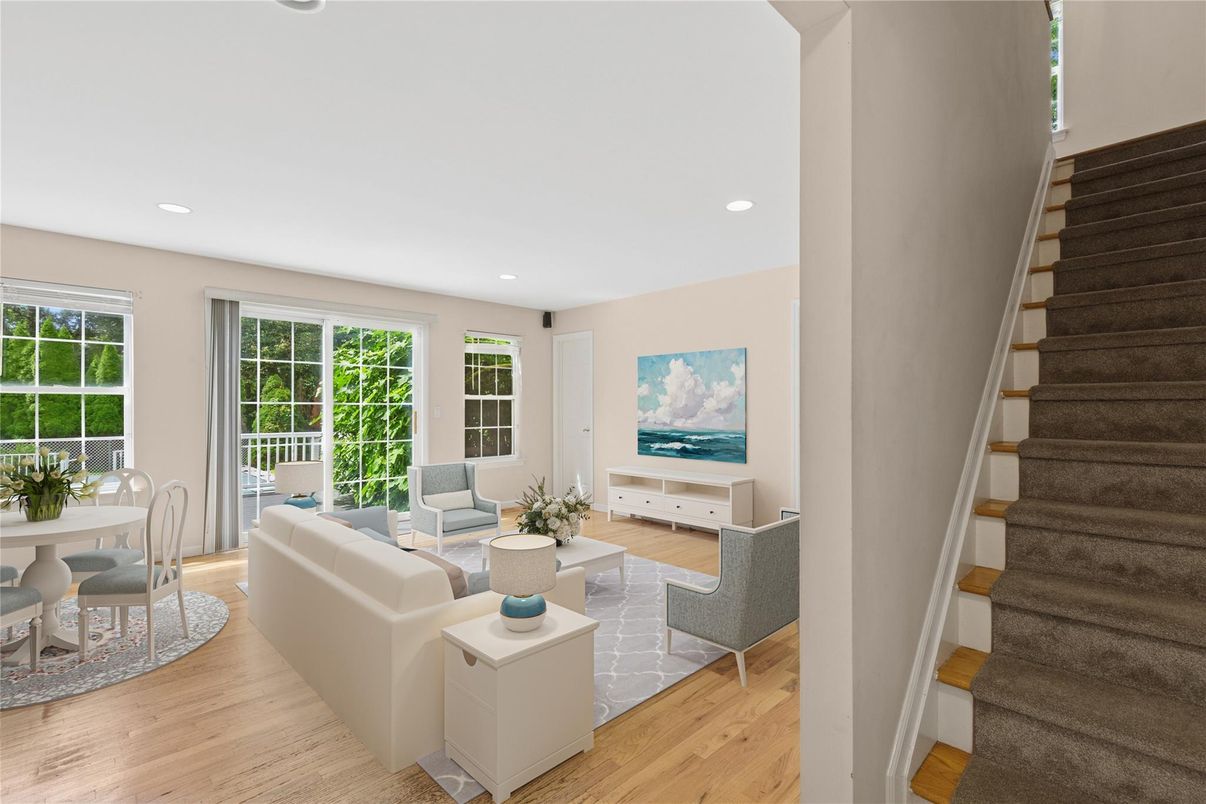 Dining room, Interior, Living room, Recessed Lighting, Wood Texture Flooring
