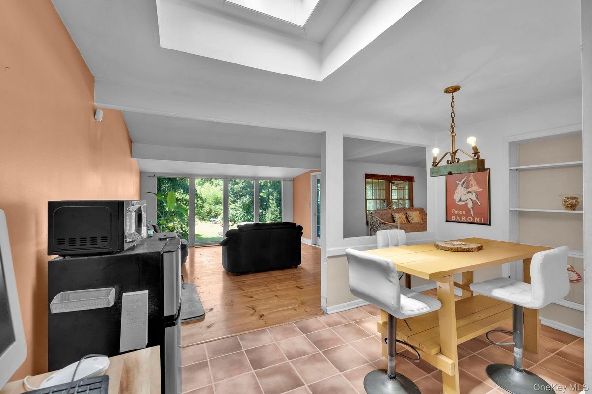 Dining room, Interior, Living room, Pendant Lights, Wood Texture Flooring