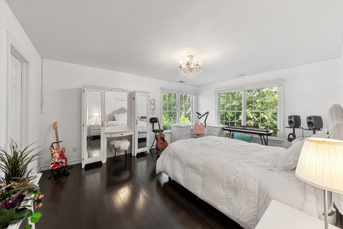 Bedroom, Chandelier, Interior, Wood Texture Flooring