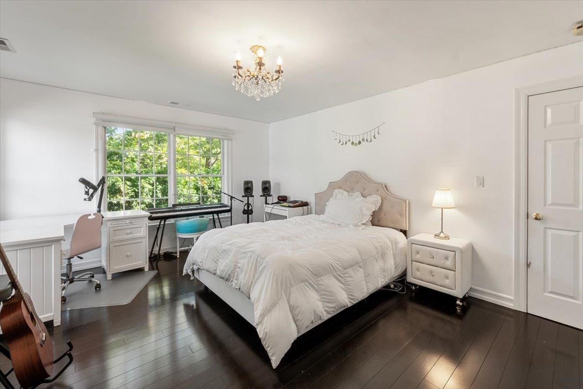 Bedroom, Chandelier, Home Office, Interior, Wood Texture Flooring