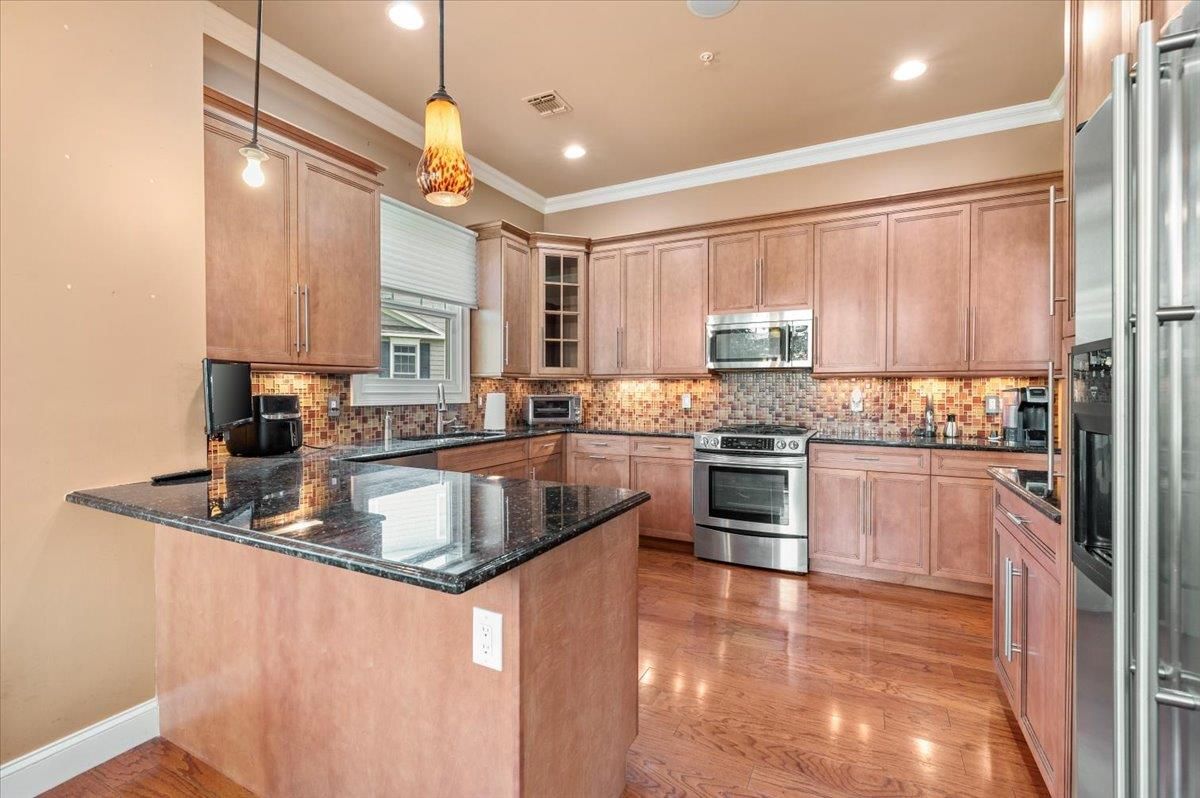Interior, Kitchen, Pendant Lights, Recessed Lighting, Stainless Steel Appliances, Wood Texture Flooring