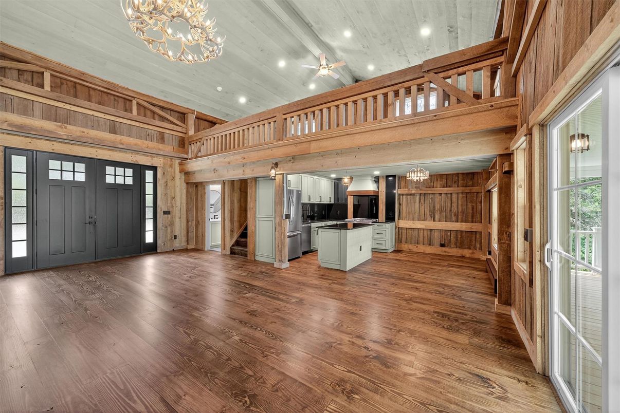 Chandelier, Interior, Kitchen, Recessed Lighting, Wood Texture Flooring, Wooden Walls