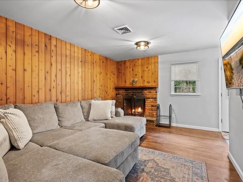 Fireplace, Interior, Living room, Wood Texture Flooring, Wooden Walls