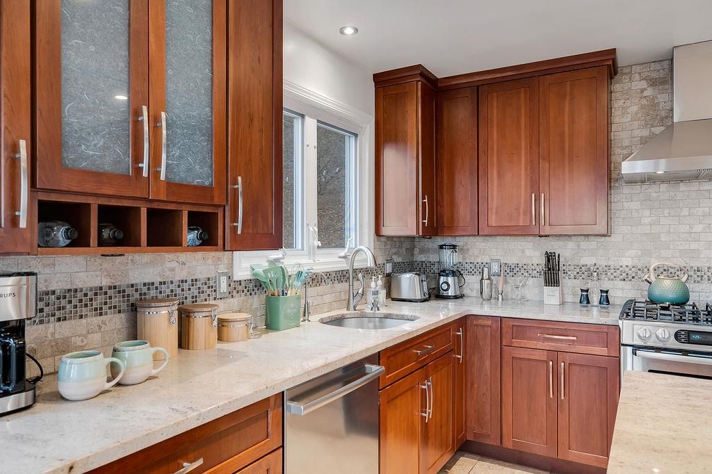 Interior, Kitchen, Recessed Lighting, Stainless Steel Appliances, Stone Walls