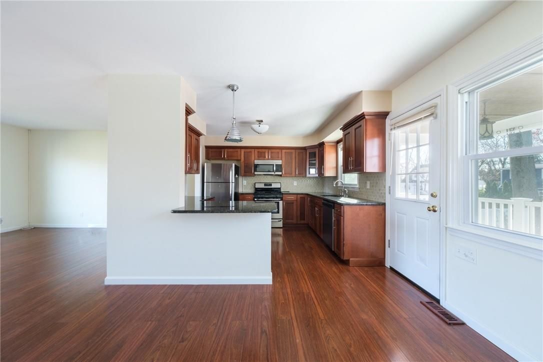 Interior, Kitchen, Pendant Lights, Stainless Steel Appliances, Wood Texture Flooring