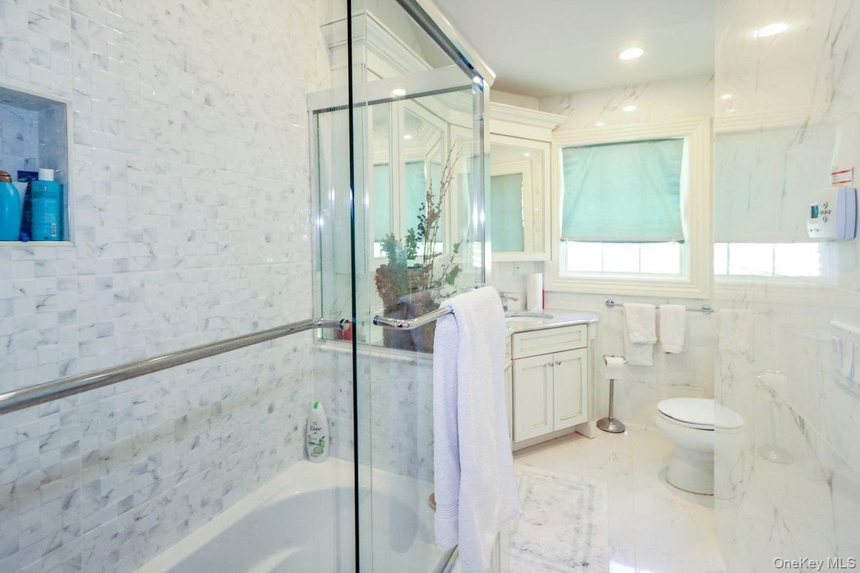 Bathroom, Glass Shower, Interior, Marble, Marble Walls, Recessed Lighting