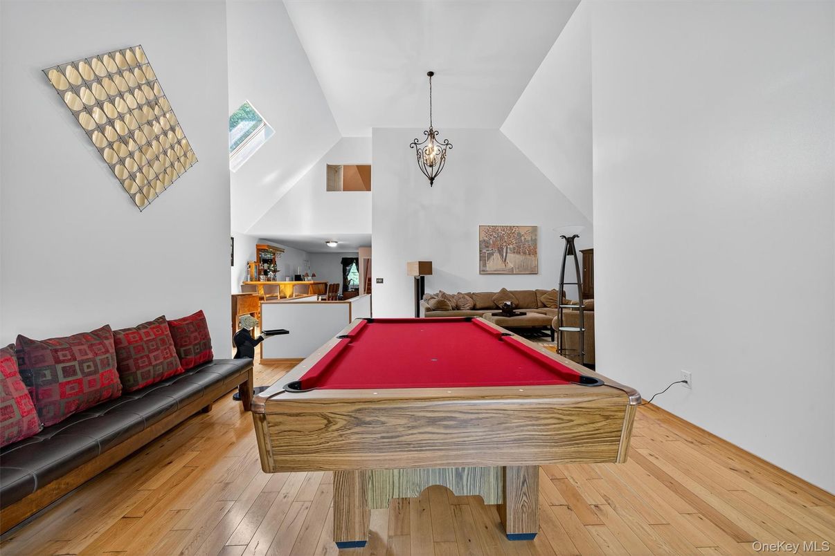Billiard Table, Chandelier, Game Room, Interior, Pendant Lights, Wood Texture Flooring
