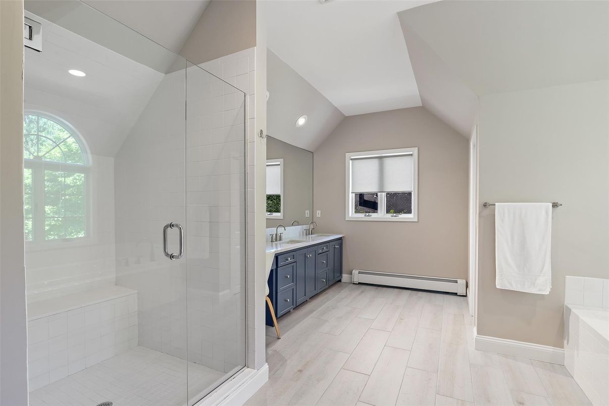 Bathroom, Glass Shower, Interior, Recessed Lighting, Wood Texture Flooring