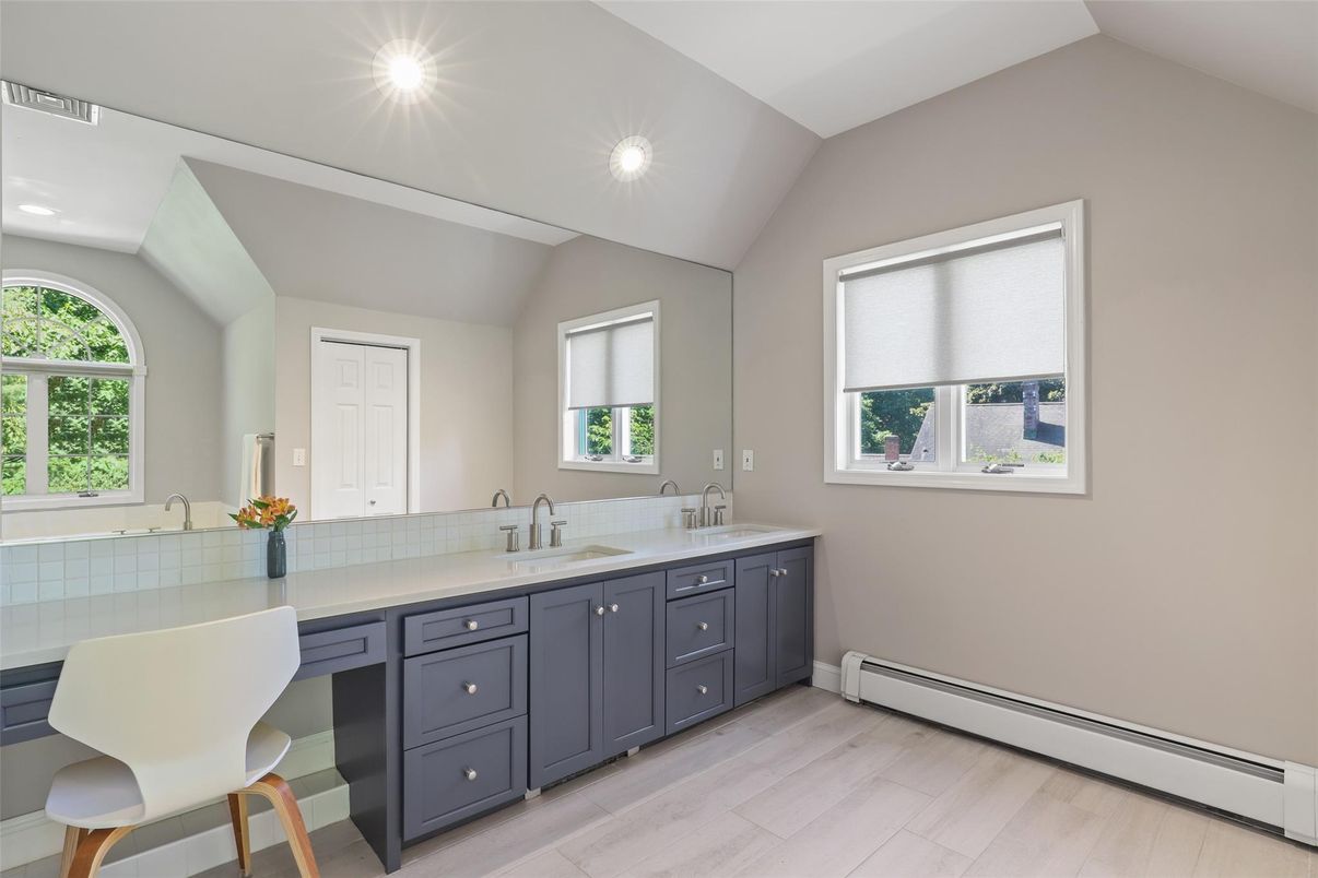 Bathroom, Dual Sink Vanities, Interior, Recessed Lighting, Wood Texture Flooring