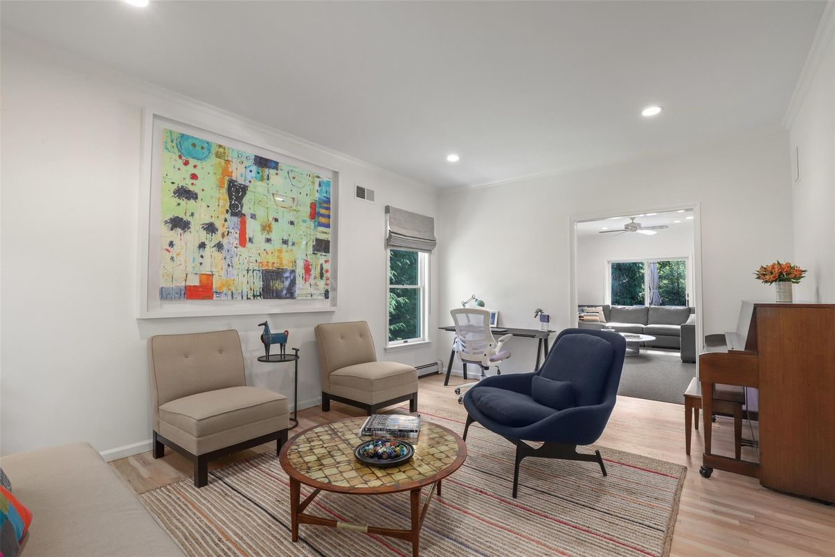 Home Office, Interior, Living room, Recessed Lighting, Wood Texture Flooring