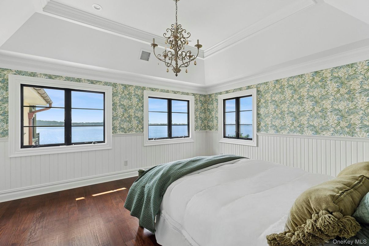 Bedroom, Chandelier, Interior, Water, Wood Texture Flooring