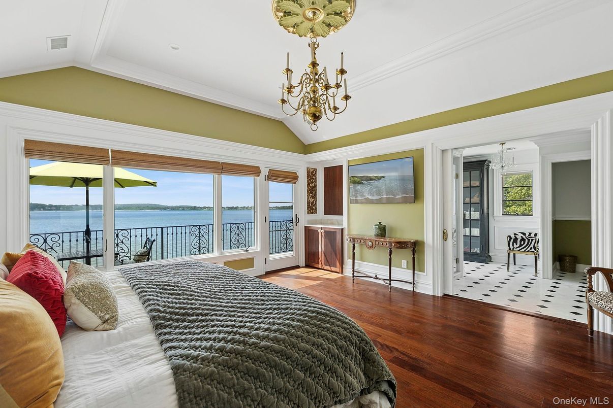 Bedroom, Chandelier, Interior, Water, Wood Texture Flooring