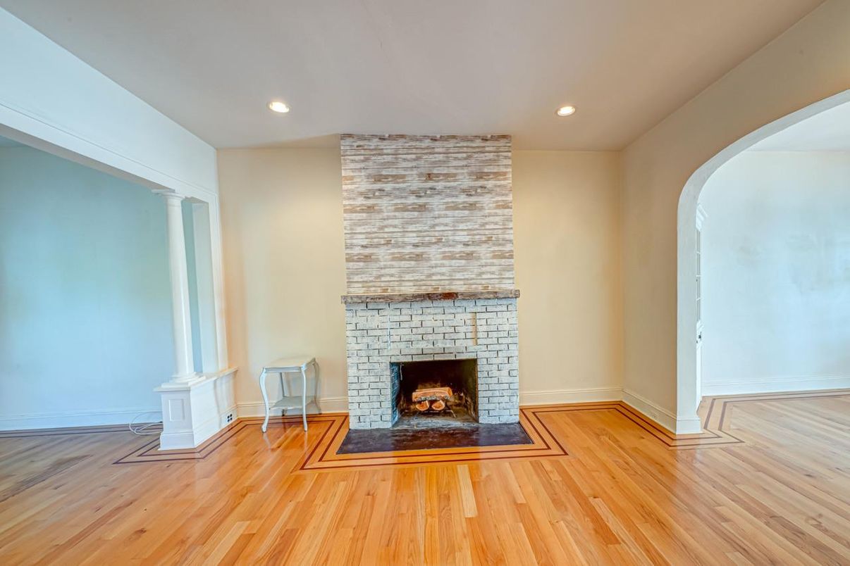 Empty room, Fireplace, Interior, Recessed Lighting, Wood Texture Flooring