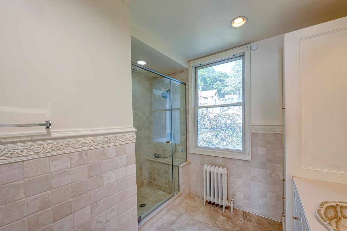 Bathroom, Glass Shower, Interior, Recessed Lighting, Stone Walls
