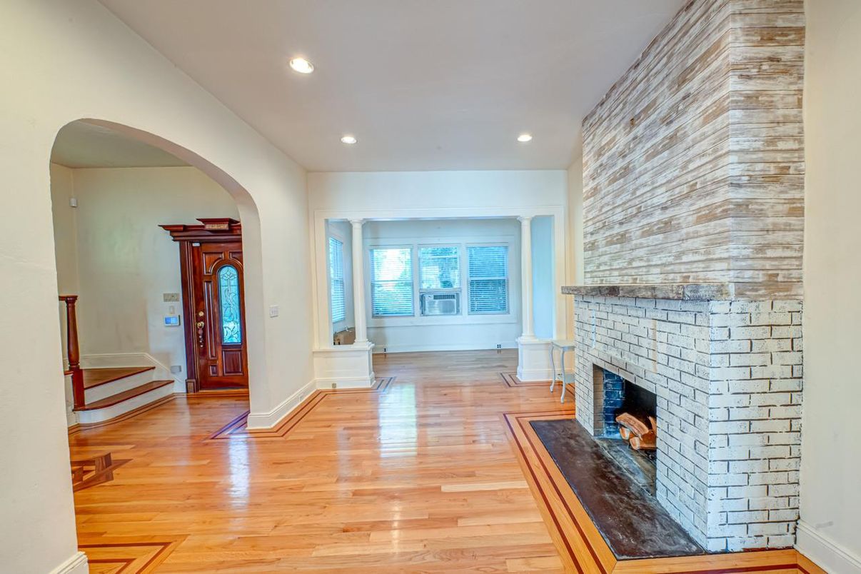 Empty room, Fireplace, Interior, Recessed Lighting, Wood Texture Flooring