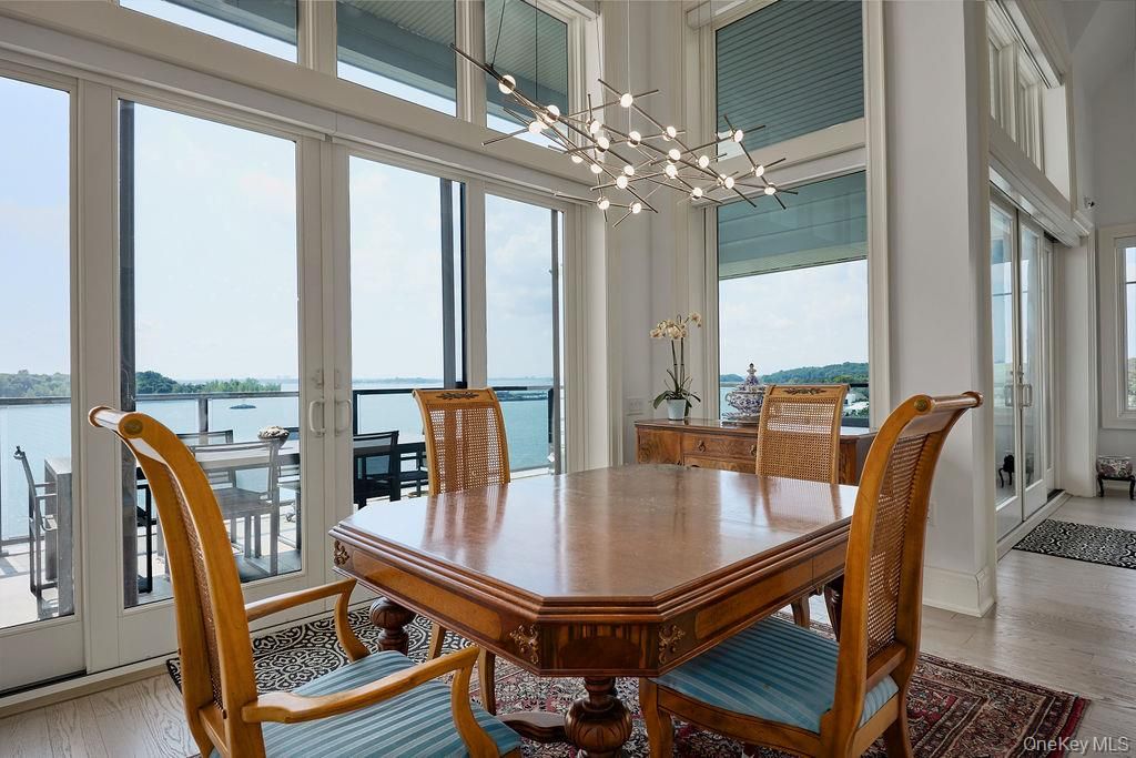 Dining room, Interior, Pendant Lights, Water, Wood Texture Flooring